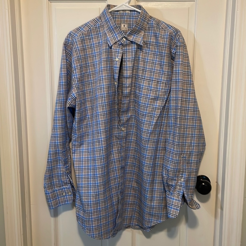 Peter Millar 100% Cotton‎ button down shirt. tan and blue plaid Size large